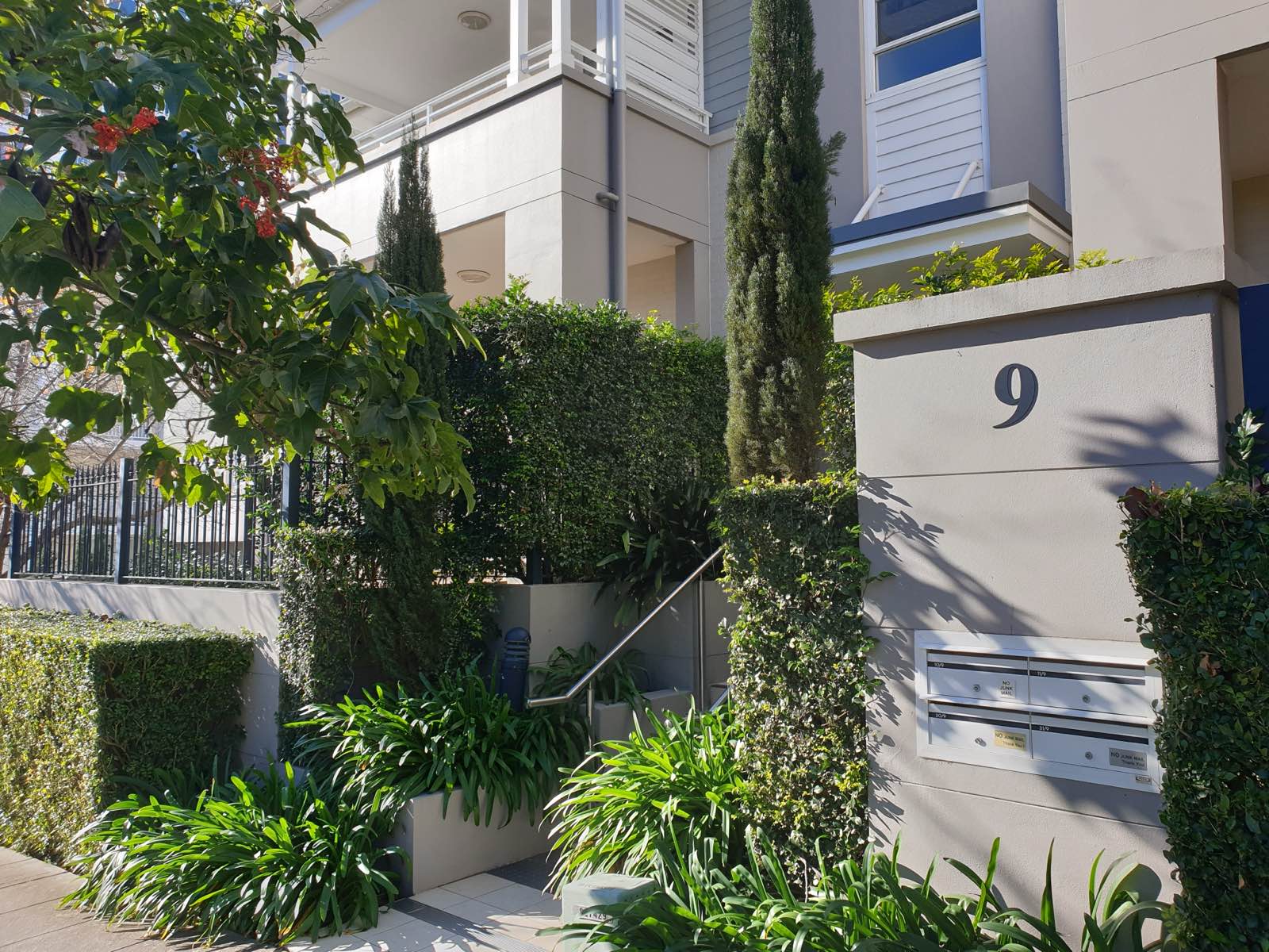 The entry to number 9, with mailboxes, hedging and steps down to the front doors